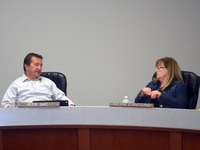 Chief administrative officer Peter Smyl (left) and Coun. Darlene Chartrand at Whitecourt Town Council April 3 special budget meeting. Due to better than expected revenues, the town is increasing taxes by 2.47 per cent, rather than the 3.2 per cent outlined in December’s draft budget (Jeremy Appel | Whitecourt Star).