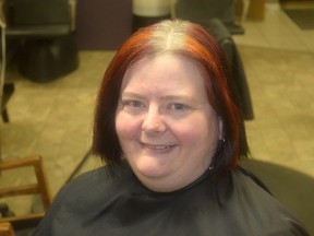 Esther Sonnenberg after her locks were cut off at Classic Cuts in Mayerthorpe on April 8 (Jeremy Appel | Mayerthorpe Freelancer).