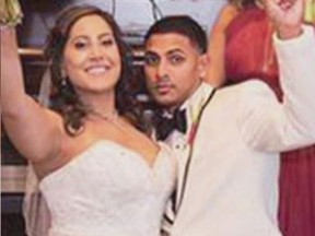 Arianna Goberdhan, 27, was nine months pregnant when she found slain at a Pickering home on Friday, April 7, 2017. She is seen here after her wedding in November, 2016, with her husband Nicholas Tyler Baig, 25, who is accused of her murder. (FACEBOOK)