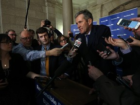 Premier Brian Pallister meets with media following the release of the provincial budget in the Manitoba Legislature on Tues., April 11, 2017. Kevin King/Winnipeg Sun