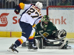 London Knights goaltender Tyler Parsons stops Erie forward Ivan Lodnia on a breakaway in the first period of game three of their playoff series at Budweiser Gardens in London, Ontario on Tuesday April 11, 2017. MORRIS LAMONT/THE LONDON FREE PRESS /POSTMEDIA NETWORK
