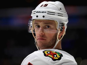 Jonathan Toews of the Chicago Blackhawks looks on during the second period of a game against the Los Angeles Kings at Staples Center on April 8, 2017. (Sean M. Haffey/Getty Images)