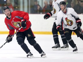 Ottawa Senators forwards Mark Stone and Kyle Turris during practice at the Bell Sensplex on April 11, 2017. (Wayne Cuddington/Postmedia)