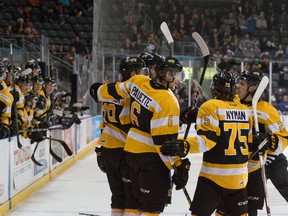 Kingston Frontenacs celebrate what they believed to be their first goal of the game near the end of the second period, only to be disappointed when the referee called back the goal after a review. The score remained 3-0 for the Peterborough Petes going into third period of Game 3 of their Ontario Hockey League Eastern Conference semifinal.