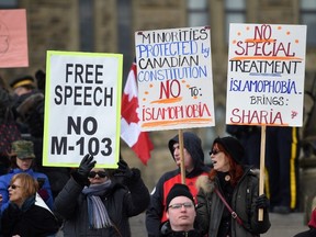 Protesters rally over motion M-103, the Liberal anti-Islamophobia motion, on Parliament Hill in Ottawa on March 21, 2017. (Sean Kilpatrick/The Canadian Press)