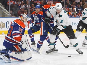 San Jose Sharks forward Patrick Marleau is stopped by Edmonton Oilers goalie Cam Talbot in Edmonton on March 30, 2017. (The Canadian Press)