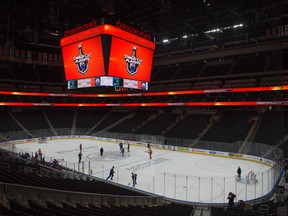 The Edmonton Oilers practise under the 2017 NHL playoff logo at Rogers Place on Tuesday, April 11 2017. (Shaughn Butts)