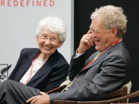 In this Sept. 7, 2007, file photo, David Letterman, right, the host of "The Late Show with David Letterman" on CBS, and his mother Dorothy Mengering share a laugh during the dedication of the $21 million David Letterman Communication and Media Building on the campus in Muncie, Ind. Mengering died Tuesday, April 11, 2017, his publicist Tom Keaney confirmed. She was 95. (AP Photo/Michael Conroy, File)