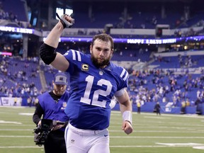 Andrew Luck of the Indianapolis Colts celebrates after the Colts won 24-20 over the Jacksonville Jaguars at Lucas Oil Stadium on January 1, 2017 in Indianapolis, Indiana. (Photo by Andy Lyons/Getty Images)