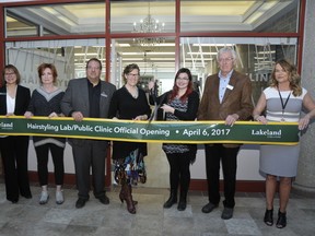 The lab/public clinic was officially opened on Thursday, April 6. Participating in the ribbon cutting ceremony were, from left to right: Judy Sarsons, dean, Lakeland College School of Health, Wellness and University Transfer; Peggy Bosch, industry representative; Gerald Aalbers, mayor of Lloydminster, Alice Wainwright-Stewart, president of Lakeland College, Alex Wilcox, student; Darrel Howell, chair of Lakeland College Board of Governors, and Deb Minish, chair of Lakeland College Health and Wellness. Submitted Photo.