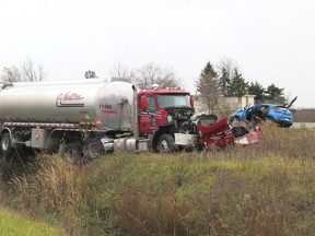 This Nov. 19 file photo taken at the corner of Highway 40 and Plank Road in Sarnia shows the scene of a fatal collision involving a transport truck and a passenger vehicle. Sarnia-Lambton officials have been lobbying the province for years to expand the section of the highway from two lanes to four. (File photo/Sarnia Observer)