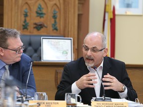 Jason Miller/The Intelligencer
Mayor Taso Christopher (right) talks about the city’s 2017 budget while CAO Rick Kester looks on. Taxes are increasing across the municipality after city council approved its 2017 budget Wednesday.