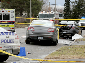 Police cordon off a scene on Prestone Drive near Amiens Street in Orleans Wednesday (April 12, 2017) after a pedestrian was struck and killed. (Julie Oliver/Postmedia)