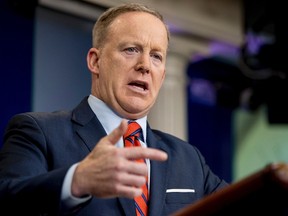 White House press secretary Sean Spicer talks to the media during the daily press briefing at the White House in Washington on Tuesday, April 11, 2017. (Andrew Harnik/AP Photo)