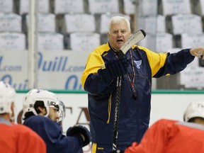 In this April 30, 2016, file photo, St. Louis Blues head coach Ken Hitchcock speaks to players during practice for Game 2 of the NHL hockey Stanley Cup Western Conference semifinals, in Dallas. (AP Photo/LM Otero, File)