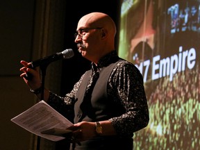 Tim Miller/The Intelligencer
Empire Theatre owner Mark Rashotte takes the stage to announce this year's Empire Rockfest lineup on Wednesday in Belleville.