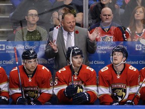 In this Nov. 7, 2016, file photo, Florida Panthers head coach Gerard Gallant gestures during the second period of an NHL hockey game against the Tampa Bay Lightning, in Sunrise, Fla. (AP Photo/Wilfredo Lee, File)