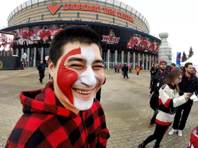 Julian Scheiner has his face painted in the Red Zone in front of the Canadian Tire Centre as the Ottawa Senators meet the Boston Bruins at the Canadian Tire Centre in game one of their matchup in the NHL Eastern Conference playoffs on Wednesday evening. Wayne Cuddington/Postmedia
