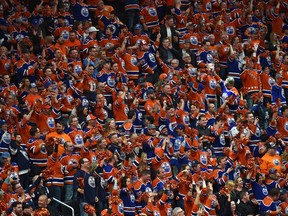 A sea of orange was the scene as fans cheer the Edmonton Oilers' first goal against the San Jose Sharks during Game 1 of the first round of NHL playoff action at Rogers Place in Edmonton on Thursday, April 12, 2017. (Ed Kaiser)