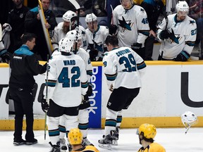 San Jose Sharks center Logan Couture (39) skates off the ice after being injured against the Nashville Predators on March 25, 2017, in Nashville, Tenn. (AP Photo)