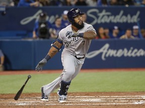 Eric Thames #7 of the Milwaukee Brewers hits a double in the sixth inning during MLB game action against the Toronto Blue Jays at Rogers Centre on April 12, 2017 in Toronto, Canada. (Photo by Tom Szczerbowski/Getty Images)
