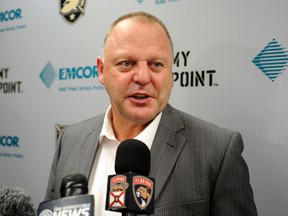 In this Oct. 8, 2016, file photo, Florida Panthers coach Gerard Gallant talks after an NHL preseason hockey game, in West Point, N.Y. (AP Photo/Hans Pennink, File)