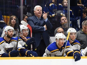 In this Feb. 27, 2016, file photo, St. Louis Blues head coach Ken Hitchcock tries to get the attention of the referee in Nashville, Tenn. (AP Photo/Sanford Myers, File)