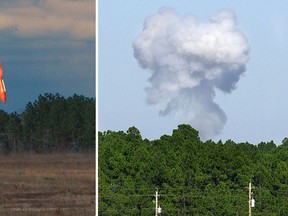 File images dated March 2003 (left) and May 2004 (right) show two different tests of the GBU-43/B Massive Ordnance Air Blast bomb prototype. (HANDOUT/AFP/Getty Images/Northwest Florida Daily News via AP)