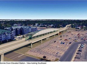 Rendering of a possible elevated LRT station in Bonnie Doon. Raising the track through the area could cost up to $220 million. (City of Edmonton)