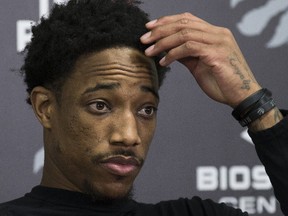 Toronto Raptor's DeMar DeRozan talks about getting ready for first round of the NBA playoffs in Toronto on April 13, 2017. (Craig Robertson/Toronto Sun/Postmedia Network)