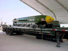 Undated file image courtesy the US Air Force shows the GBU-43/B Massive Ordnance Air Blast (MOAB) bomb sitting in an undisclosed location in theater waiting to be used. (US AIR FORCE/Handout/Getty Images)