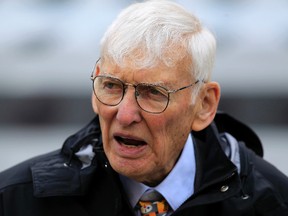 In this Oct. 7, 2012, file photo Dan Rooney watches warm ups before an NFL football game between the Pittsburgh Steelers and Philadelphia Eagles in Pittsburgh. (AP Photo/Gene J. Puskar, File)