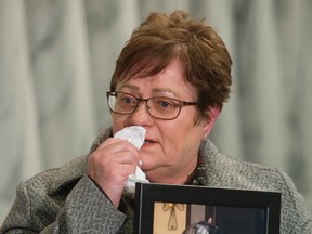 Linda Linton appeals to the public for tips in the beating death of her son Kelly Thompson, at the EPS Southwest Division Station, in Edmonton Thursday April 13, 2017. Kelly Thompson, 34, was violently beaten to death by four or five unidentified suspects armed with baseball bats near  137 Street and 115 Avenue on April 14, 2016. Photo by David Bloom