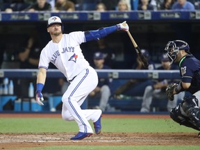 Josh Donaldson of the Toronto Blue Jays strikes out in his pinch-hit at bat in the ninth inning during MLB action against the Milwaukee Brewers at Rogers Centre on April 11, 2017. (Tom Szczerbowski/Getty Images)