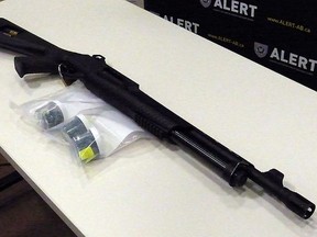 Shotgun seized during ALERT-Saskatchewan police task force $50,000 fentanyl bust. Calvin Turcsanyi, 36, of Edmonton was charged with three counts of trafficking a controlled substance, three counts of possession of a controlled substance for the purposes of trafficking, five firearms offences and five counts of breach of recognizance. Crystal Nash, 38, was charged with four firearms offences. Supplied