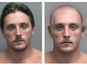 This combo made Tuesday, April 11, 2017, from images provided by the FBI shows Joseph Jakubowski's mug shot at left and an altered image the FBI made to show Jakubowski with his head and facial hair shaved off. (FBI via AP)