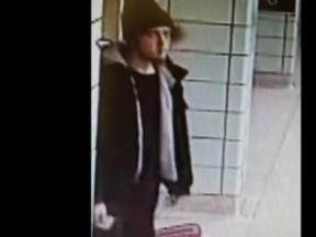 A man sought in a stink bomb toss on the TTC April 7, 2017 is seen in an image taken from security video at St. George station.