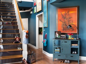 A detail of a staircase designed by Brian Patrick Flynn for HGTV.com uses wallpaper in four contrasting patterns on the risers. They are protected with acrylic sheets for durability. (Brian Patrick Flynn/Scripps Networks Interactive/HGTV.com via AP)