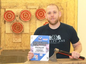Sarnia's Bo Tait, owner of Valley Axe, won first prize at an international amateur axe-throwing competition in Las Vegas on April 8. Carl Hnatyshyn/Postmedia Network