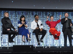Mark Hamill, Kelly Marie Tran, John Boyega, Daisy Ridley and Rian Johnson attend the "Star Wars: The Last Jedi" panel during the 2017 Star Wars Celebration at Orange County Convention Center on April 14, 2017 in Orlando, Fla.  (Gerardo Mora/Getty Images for Disney)