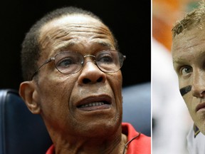 At left, in a Jan. 30, 2016, file photo, Baseball Hall of Famer and former Minnesota Twins player Rod Carew speaks to fans about his recent heart attack, in Minneapolis. At right, in a Sept. 3, 2015, file photo, Baltimore Ravens tight end Konrad Reuland sits on the bench during the second half of an NFL football preseason game against the Atlanta Falcons, in Atlanta. (AP Photo/File)
