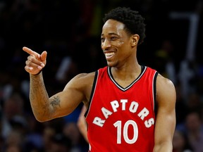 DeMar DeRozan of the Toronto Raptors reacts after hitting a late fourth quarter jump shot while playing the Detroit Pistons at the Palace of Auburn Hills on April 5, 2017. (Gregory Shamus/Getty Images)