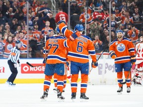 Edmonton Oilers defencemen Oscar Klefbom, left, and Adam Larsson celebrate Larsson's goal against the Detroit Red Wings on March 4, 2017, at Rogers Place in Edmonton. (Getty Images)