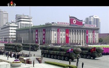 In this image made from video provided by North Korean broadcaster KRT, missiles are displayed during a parade at Kim Il Sung Square in Pyongyang, Saturday, April 15, 2017. North Korean leader Kim Jong Un has appeared in a massive parade in the capital, Pyongyang, celebrating the birthday of his late grandfather and North Korea founder Kim Il Sung. (KRT via AP)