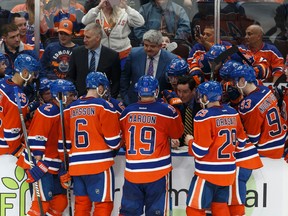 Edmonton's head coach Todd McLellan speaks to his players during the third period of a Stanley Cup playoffs game between the Edmonton Oilers and the San Jose Sharks at Rogers Place in Edmonton on Friday, April 14, 2017. Ian Kucerak / Postmedia