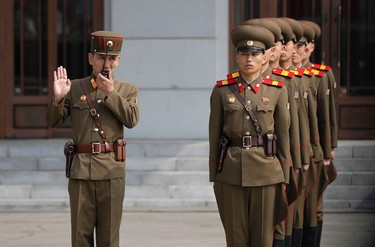 North Korean soldiers wait to march onto Kim Il Sung Square during a military parade on Saturday, April 15, 2017, in Pyongyang, North Korea to celebrate the 105th birth anniversary of Kim Il Sung, the country's late founder and grandfather of current ruler Kim Jong Un. (AP Photo/Wong Maye-E)