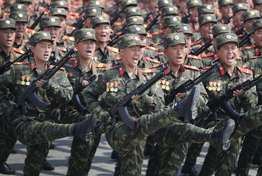 Soldiers march across Kim Il Sung Square during a military parade on Saturday, April 15, 2017, in Pyongyang, North Korea to celebrate the 105th birth anniversary of Kim Il Sung, the country's late founder and grandfather of current ruler Kim Jong Un. (AP Photo/Wong Maye-E)