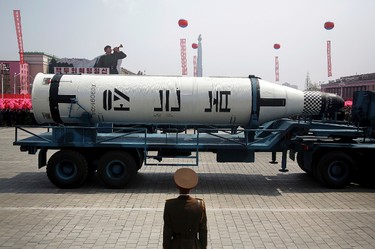 A submarine missile is paraded across the Kim Il Sung Square during a military parade on Saturday, April 15, 2017, in Pyongyang, North Korea to celebrate the 105th birth anniversary of Kim Il Sung, the country's late founder and grandfather of current ruler Kim Jong Un. (AP Photo/Wong Maye-E)