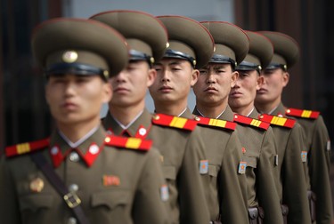 North Korean soldiers wait to march on Kim Il Sung Square during a military parade Saturday, April 15, 2017, in Pyongyang, North Korea, to celebrate the 105th birth anniversary of Kim Il Sung, the country's late founder and grandfather of current ruler Kim Jong Un. (AP Photo/Wong Maye-E)
