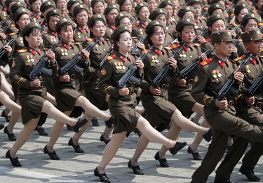 North Korean women soldiers march across Kim Il Sung Square during a military parade Saturday, April 15, 2017, in Pyongyang, North Korea, to celebrate the 105th birth anniversary of Kim Il Sung, the country's late founder and grandfather of current ruler Kim Jong Un. (AP Photo/Wong Maye-E)